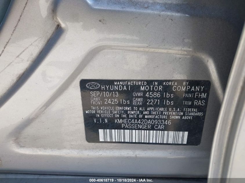 2013 Hyundai Sonata Hybrid VIN: KMHEC4A42DA093346 Lot: 40618719