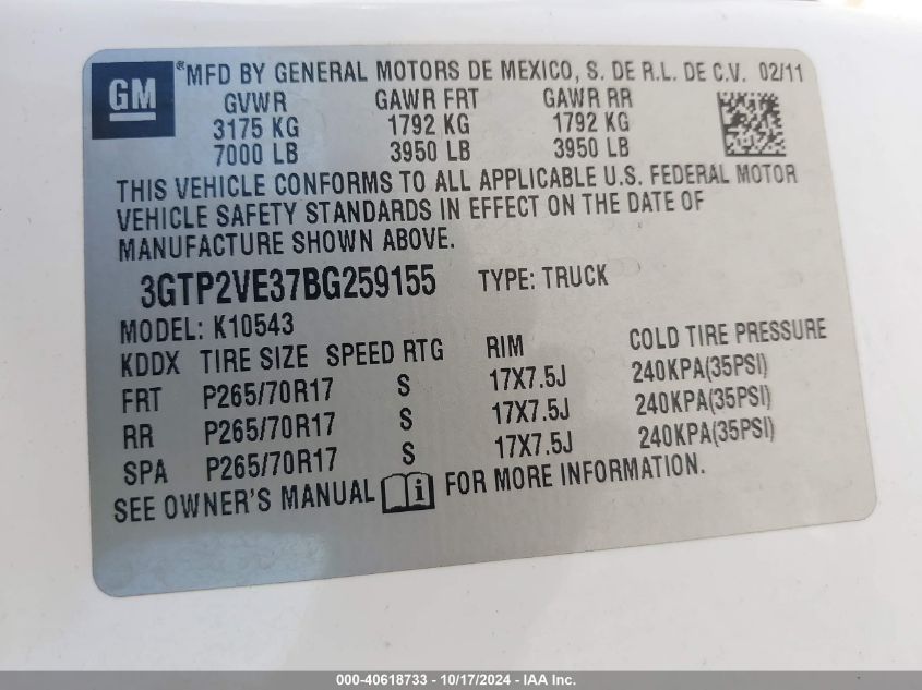 2011 GMC Sierra 1500 Sle VIN: 3GTP2VE37BG259155 Lot: 40618733