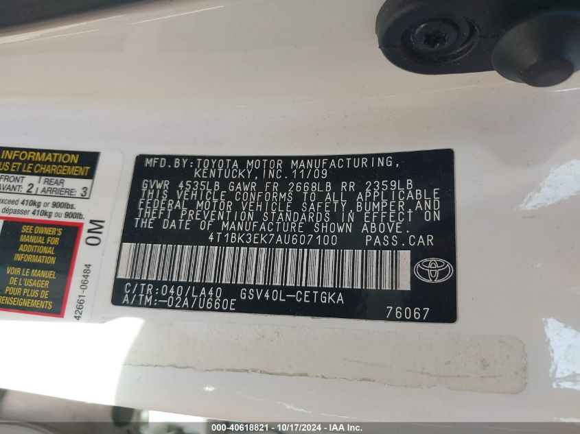 2010 Toyota Camry Xle V6 VIN: 4T1BK3EK7AU607100 Lot: 40618821