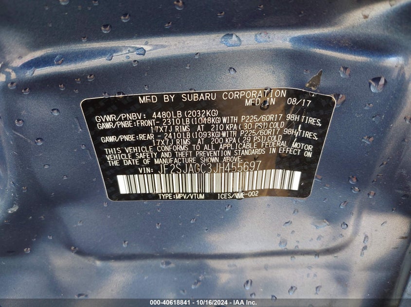 VIN JF2SJAGC3JH455697 2018 SUBARU FORESTER 2.5I PREMIUM
