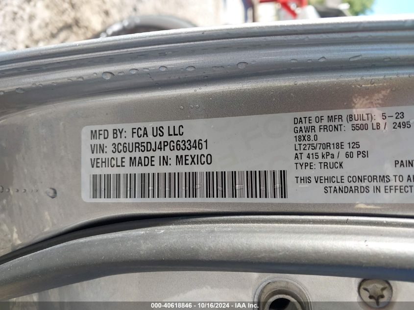 2023 Ram 2500 Big Horn 4X4 6'4 Box VIN: 3C6UR5DJ4PG633461 Lot: 40618846