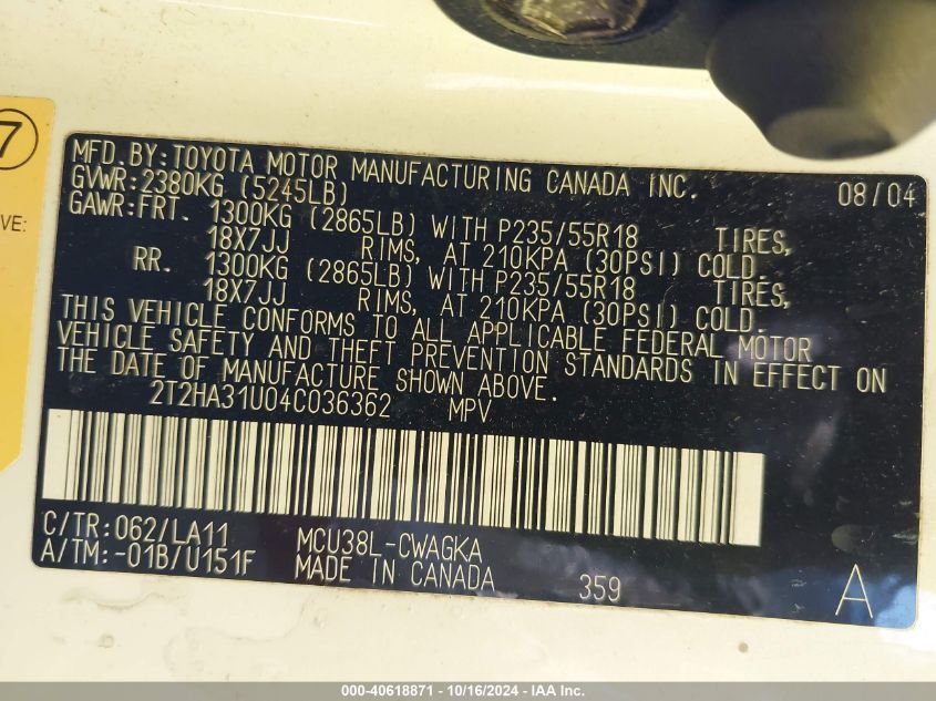 2004 Lexus Rx 330 VIN: 2T2HA31U04C036362 Lot: 40618871