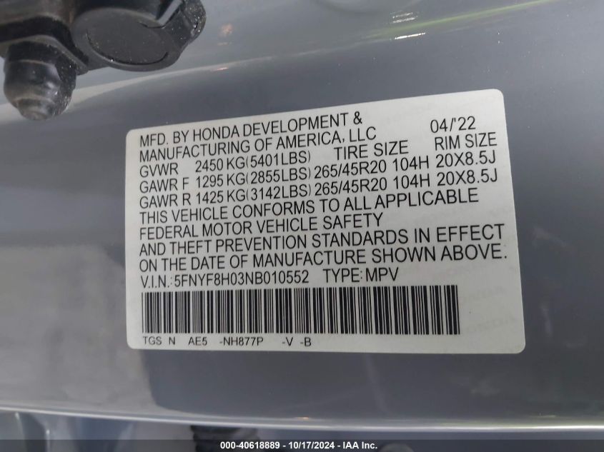 2022 Honda Passport Elite VIN: 5FNYF8H03NB010552 Lot: 40618889