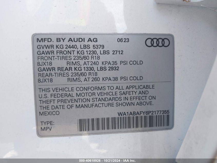 2023 Audi Q5 Premium 40 VIN: WA1ABAFY6P2177355 Lot: 40618926