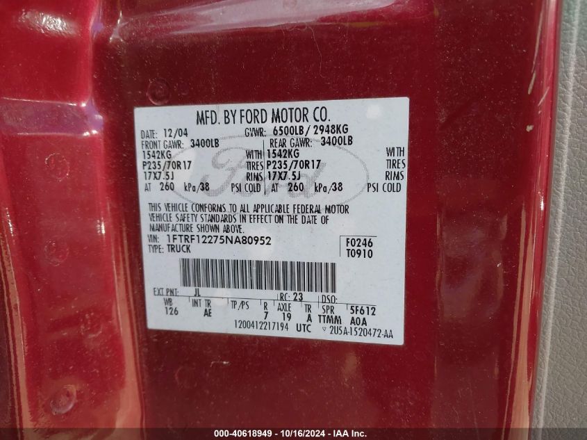 2005 Ford F-150 Stx/Xl/Xlt VIN: 1FTRF12275NA80952 Lot: 40618949