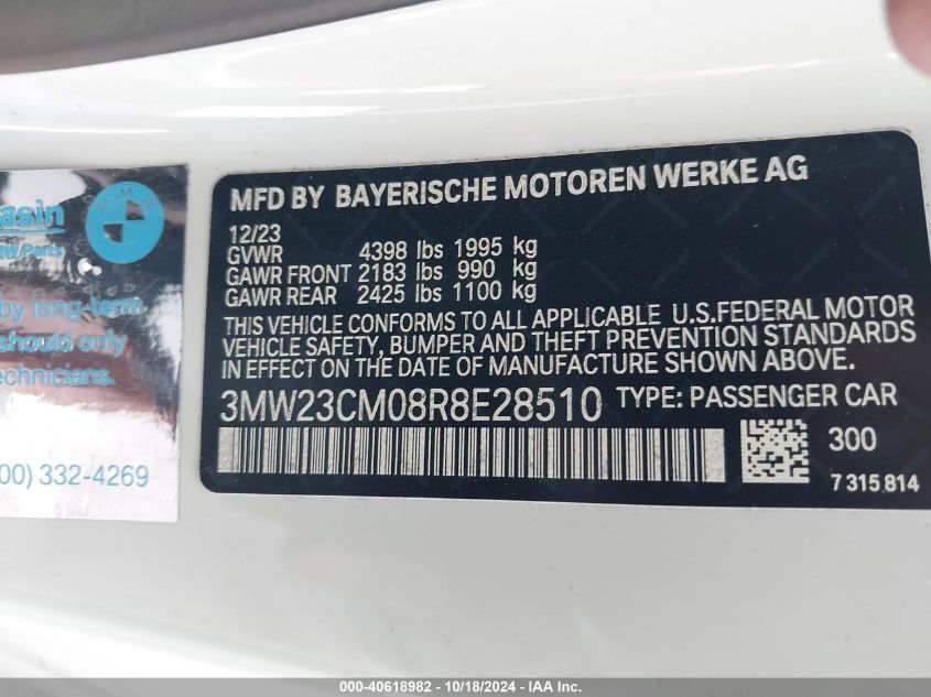 2024 BMW 230 I VIN: 3MW23CM08R8E28510 Lot: 40618982