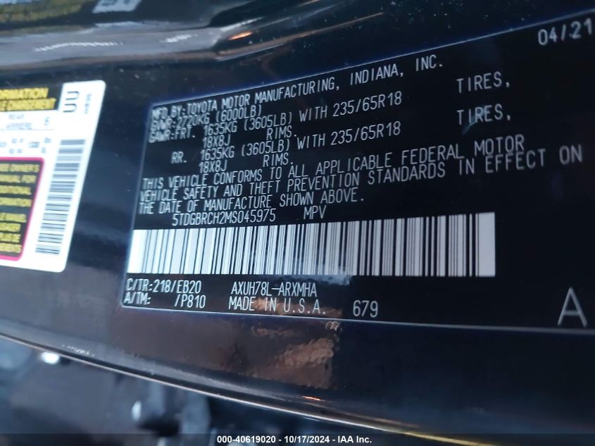 2021 TOYOTA HIGHLANDER HYBRID XLE - 5TDGBRCH2MS045975