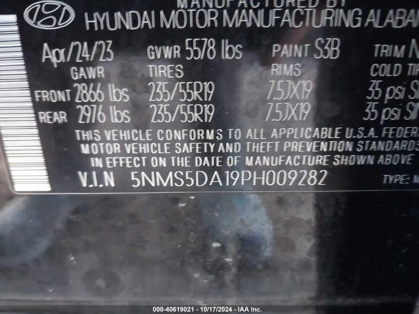 2023 Hyundai Santa Fe Hybrid Limited VIN: 5NMS5DA19PH009282 Lot: 40619021