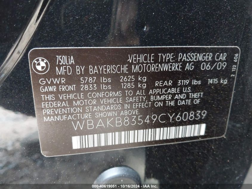 2009 BMW 750Li VIN: WBAKB83549CY60839 Lot: 40619051