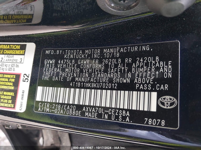 2019 TOYOTA CAMRY VIN: 4T1B11HK8KU702012