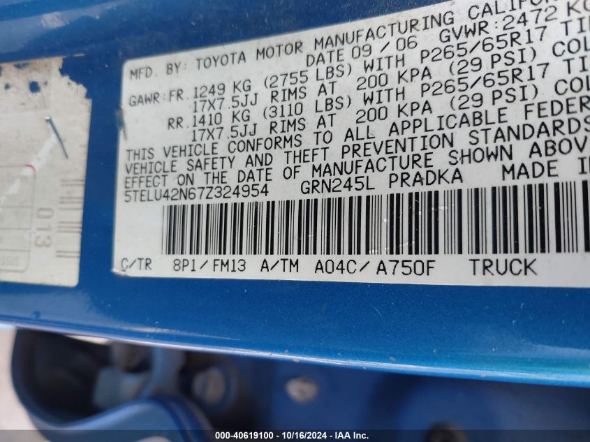 2007 Toyota Tacoma Double Cab VIN: 5TELU42N67Z324954 Lot: 40619100