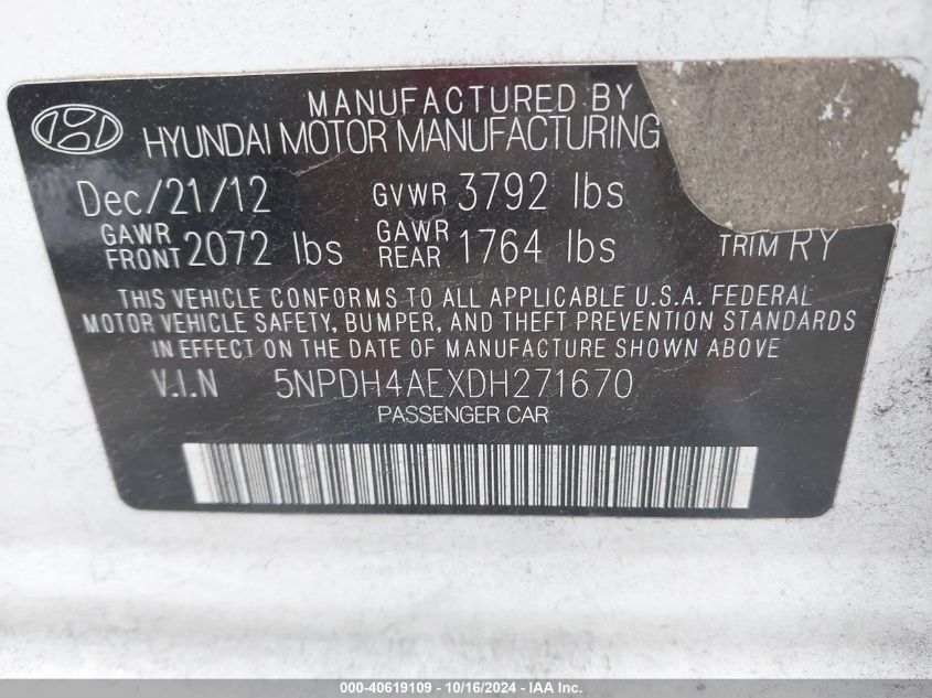 2013 Hyundai Elantra Limited VIN: 5NPDH4AEXDH271670 Lot: 40619109