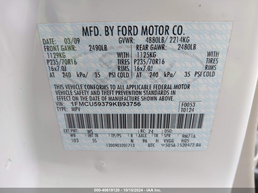 2009 Ford Escape Hybrid Limited VIN: 1FMCU59379KB93756 Lot: 40619120