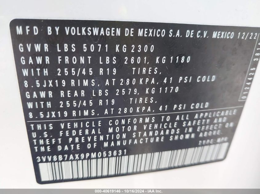 2023 Volkswagen Tiguan 2.0T Se R-Line Black VIN: 3VV8B7AX9PM053631 Lot: 40619146