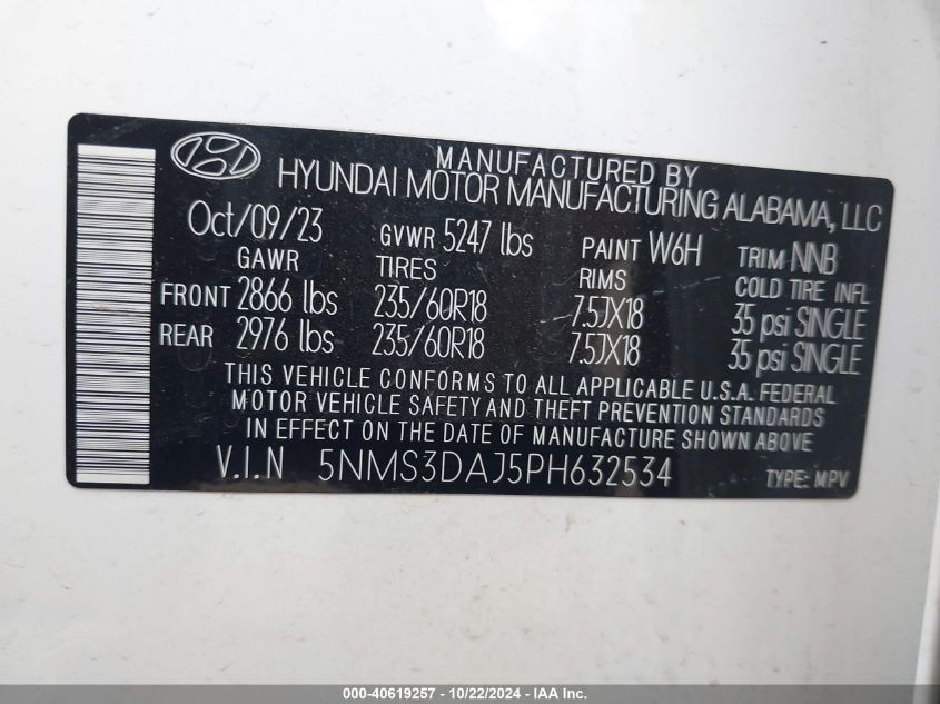 2023 Hyundai Santa Fe Sel VIN: 5NMS3DAJ5PH632534 Lot: 40619257