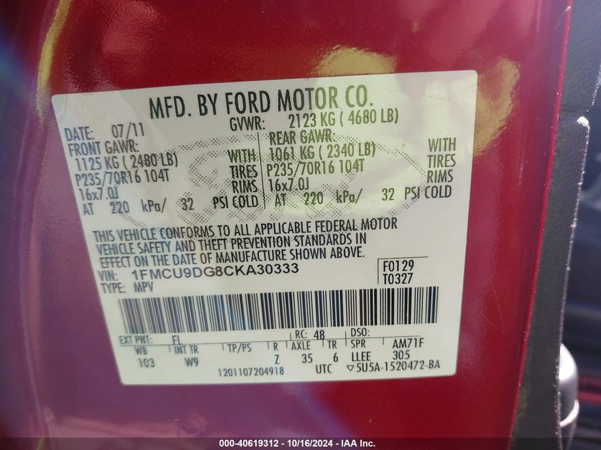 2012 Ford Escape Xlt VIN: 1FMCU9DG8CKA30333 Lot: 40619312