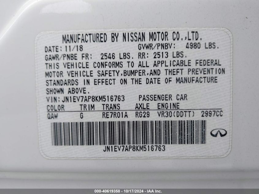 2019 Infiniti Q50 3.0T Luxe VIN: JN1EV7AP8KM516763 Lot: 40619358