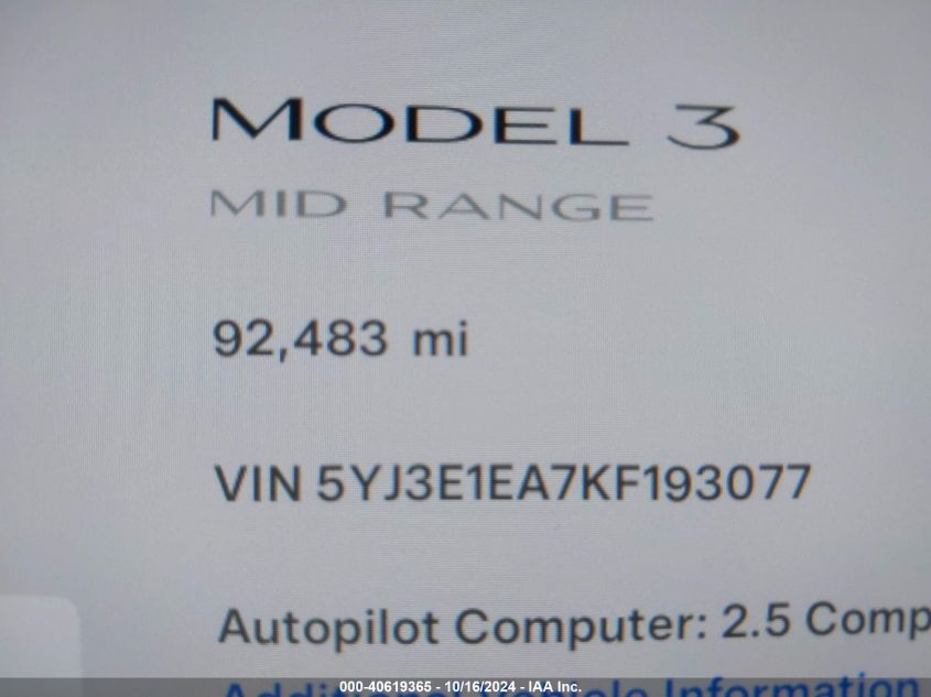 2019 Tesla Model 3 Long Range/Mid Range/Standard Range/Standard Range Plus VIN: 5YJ3E1EA7KF193077 Lot: 40619365