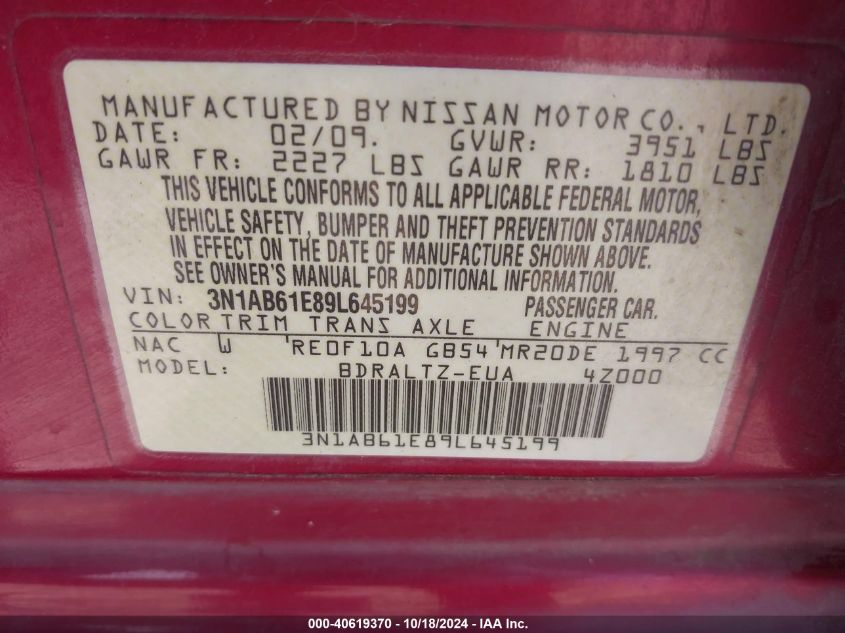 2009 Nissan Sentra 2.0S VIN: 3N1AB61E89L645199 Lot: 40619370