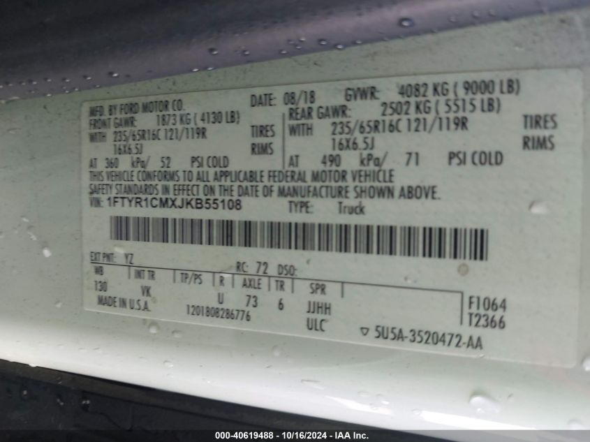 2018 Ford Transit-250 VIN: 1FTYR1CMXJKB55108 Lot: 40619488