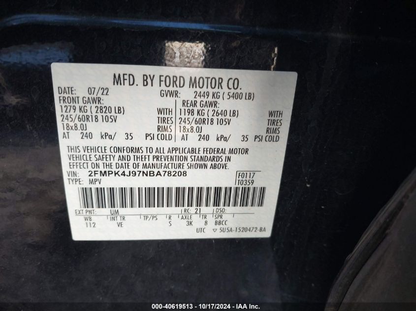 2022 Ford Edge Sel VIN: 2FMPK4J97NBA78208 Lot: 40619513