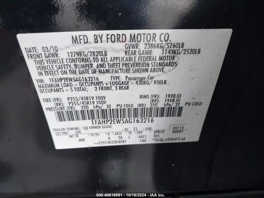 2010 Ford Taurus Sel VIN: 1FAHP2EW5AG163216 Lot: 40619591