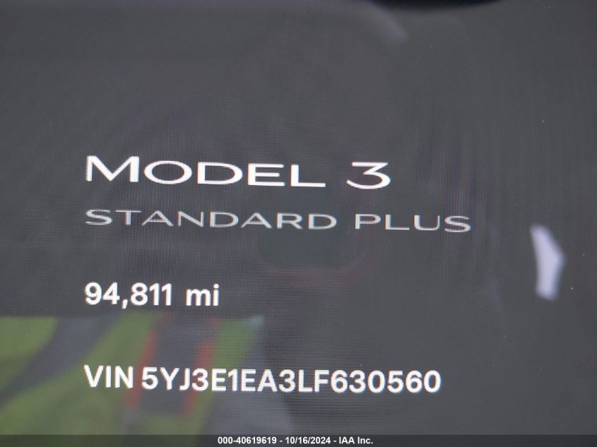 2020 Tesla Model 3 Standard Range Plus Rear-Wheel Drive/Standard Range Rear-Wheel Drive VIN: 5YJ3E1EA3LF630560 Lot: 40619619