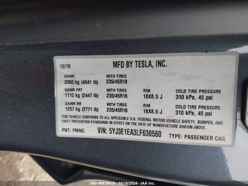 2020 Tesla Model 3 Standard Range Plus Rear-Wheel Drive/Standard Range Rear-Wheel Drive VIN: 5YJ3E1EA3LF630560 Lot: 40619619