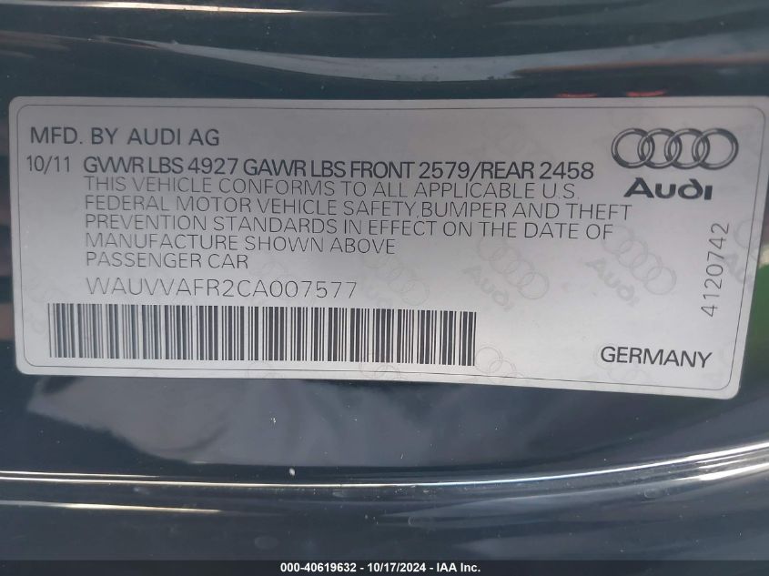 2012 Audi S5 4.2 Premium Plus VIN: WAUVVAFR2CA007577 Lot: 40619632