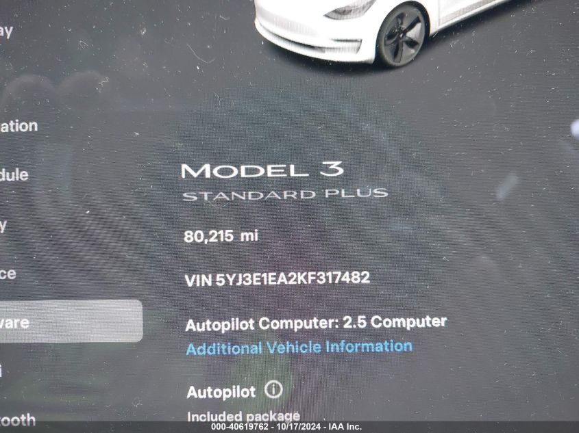 2019 TESLA MODEL 3 LONG RANGE/MID RANGE/STANDARD RANGE/STANDARD RANGE PLUS - 5YJ3E1EA2KF317482