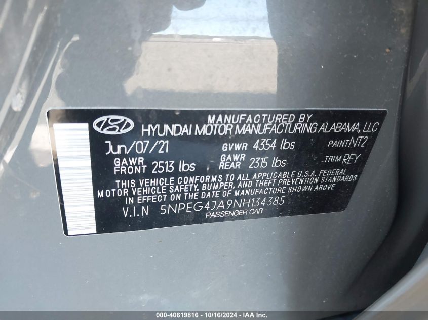 2022 Hyundai Sonata Se VIN: 5NPEG4JA9NH134385 Lot: 40619816