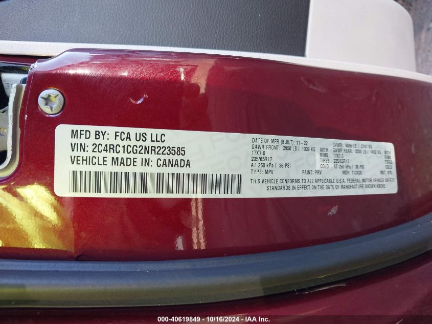 2022 Chrysler Voyager Lx VIN: 2C4RC1CG2NR223585 Lot: 40619849