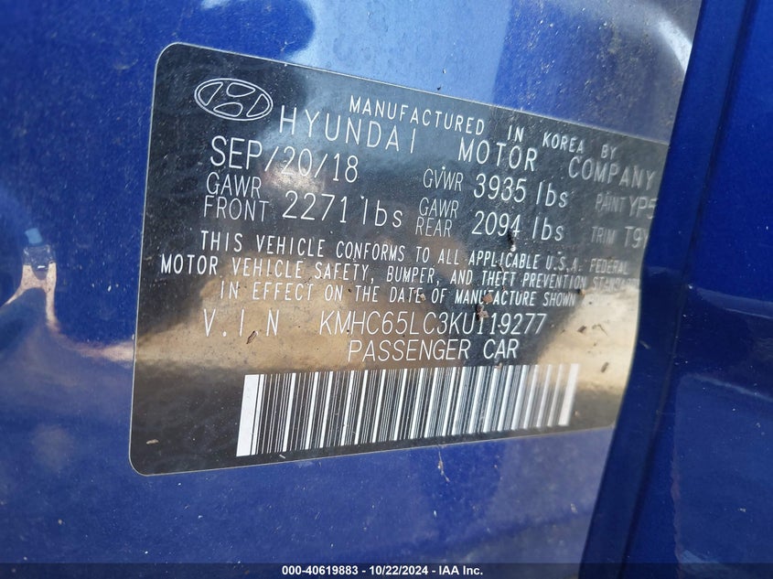 VIN KMHC65LC3KU119277 2019 HYUNDAI IONIQ HYBRID BLUE