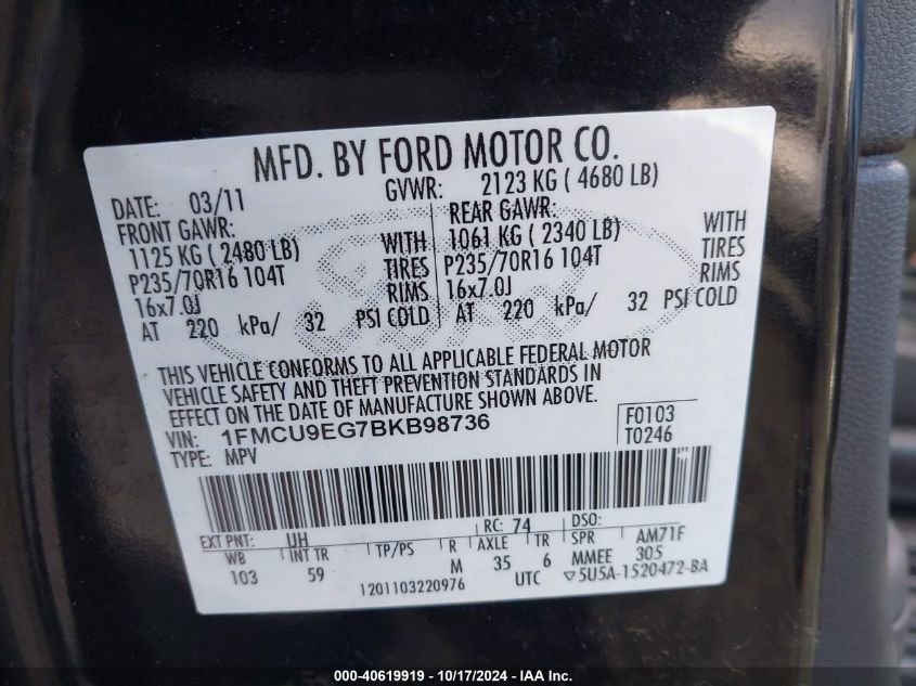 2011 Ford Escape Limited VIN: 1FMCU9EG7BKB98736 Lot: 40619919