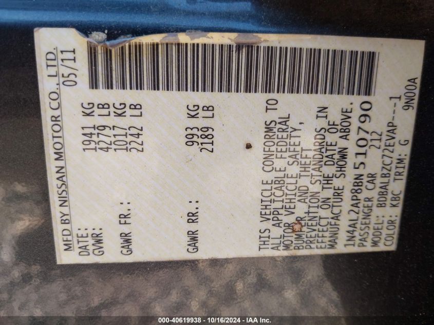 2011 Nissan Altima 2.5 S VIN: 1N4AL2AP8BN510790 Lot: 40619938