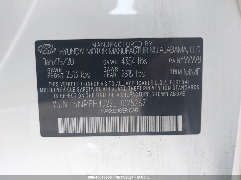 2020 Hyundai Sonata Limited VIN: 5NPEH4J22LH025267 Lot: 40619955