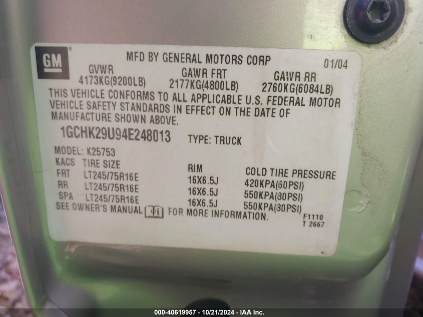 2004 Chevrolet Silverado 2500Hd Lt VIN: 1GCHK29U94E248013 Lot: 40619957