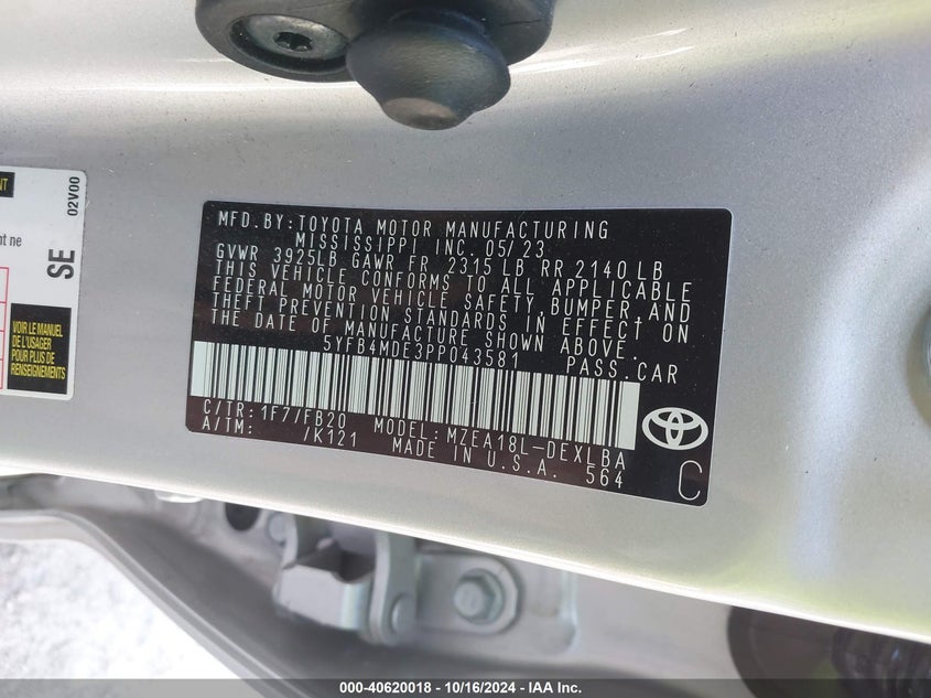 2023 TOYOTA COROLLA VIN: 5YFB4MDE3PP043581