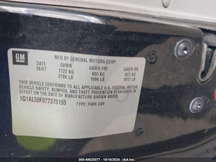 2007 Chevrolet Cobalt Lt VIN: 1G1AL58F877375193 Lot: 40620077