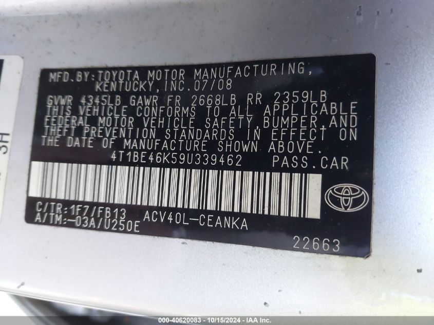 2009 Toyota Camry Le VIN: 4T1BE46K59U339462 Lot: 40620083