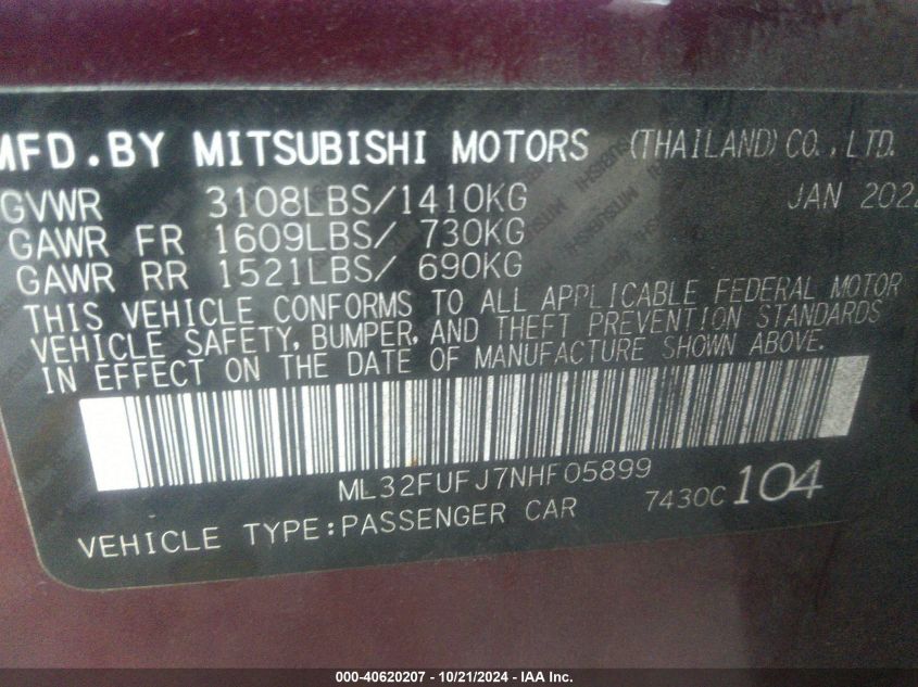 2022 Mitsubishi Mirage G4 Black Edition/Es/Le VIN: ML32FUFJ7NHF05899 Lot: 40620207