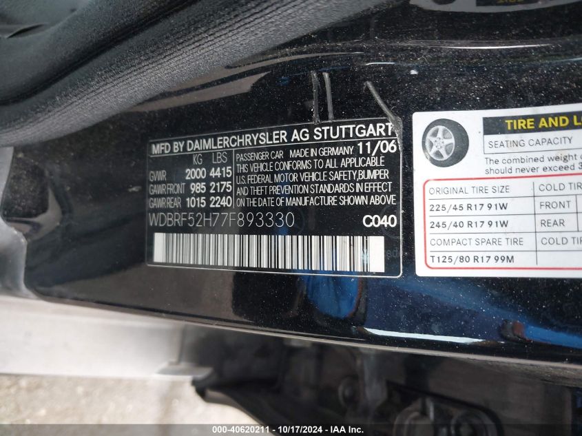 2007 Mercedes-Benz C 230 Sport VIN: WDBRF52H77F893330 Lot: 40620211