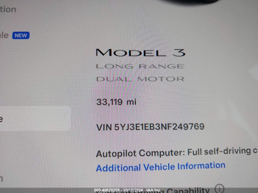 2022 Tesla Model 3 Long Range Dual Motor All-Wheel Drive VIN: 5YJ3E1EB3NF249769 Lot: 40620258