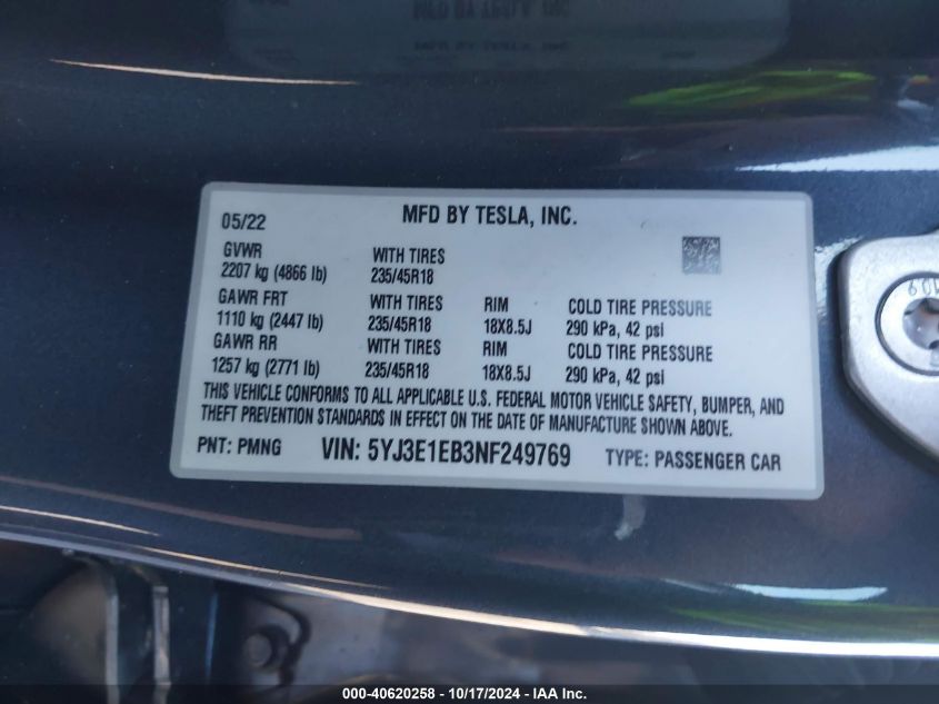 2022 Tesla Model 3 Long Range Dual Motor All-Wheel Drive VIN: 5YJ3E1EB3NF249769 Lot: 40620258