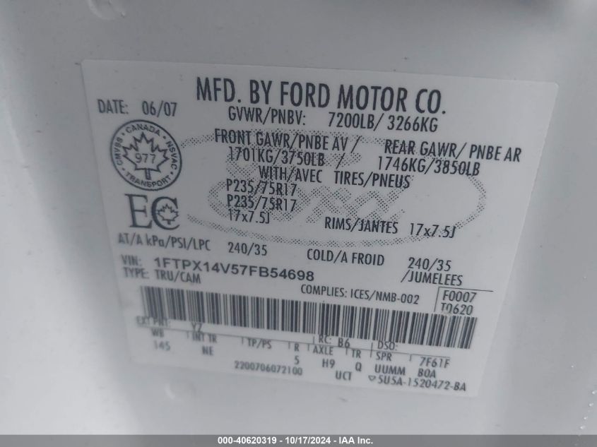 2007 Ford F-150 Fx4/Lariat/Xl/Xlt VIN: 1FTPX14V57FB54698 Lot: 40620319