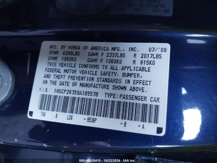 2009 Honda Accord 2.4 Lx VIN: 1HGCP26359A185578 Lot: 40620410