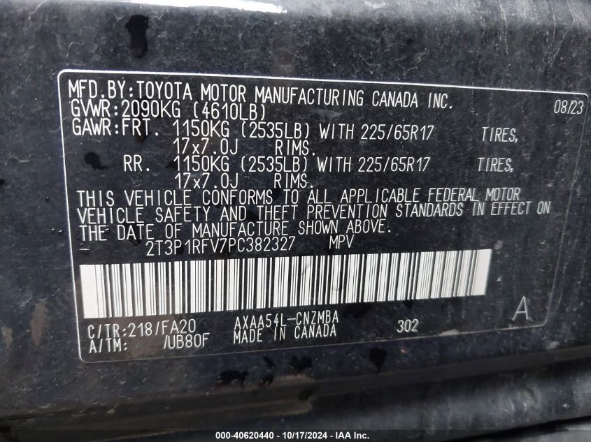 2023 Toyota Rav4 Xle/Xle Premium VIN: 2T3P1RFV7PC382327 Lot: 40620440