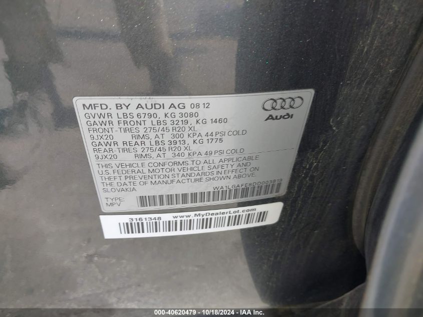 2013 Audi Q7 3.0T Premium VIN: WA1LGAFE8DD003819 Lot: 40620479