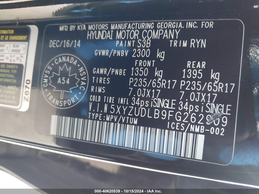 2015 Hyundai Santa Fe Sport 2.4 Luxury VIN: 5XYZUDLB9FG262909 Lot: 40620539