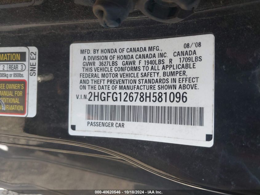 2008 Honda Civic Lx VIN: 2HGFG12678H581096 Lot: 40620546